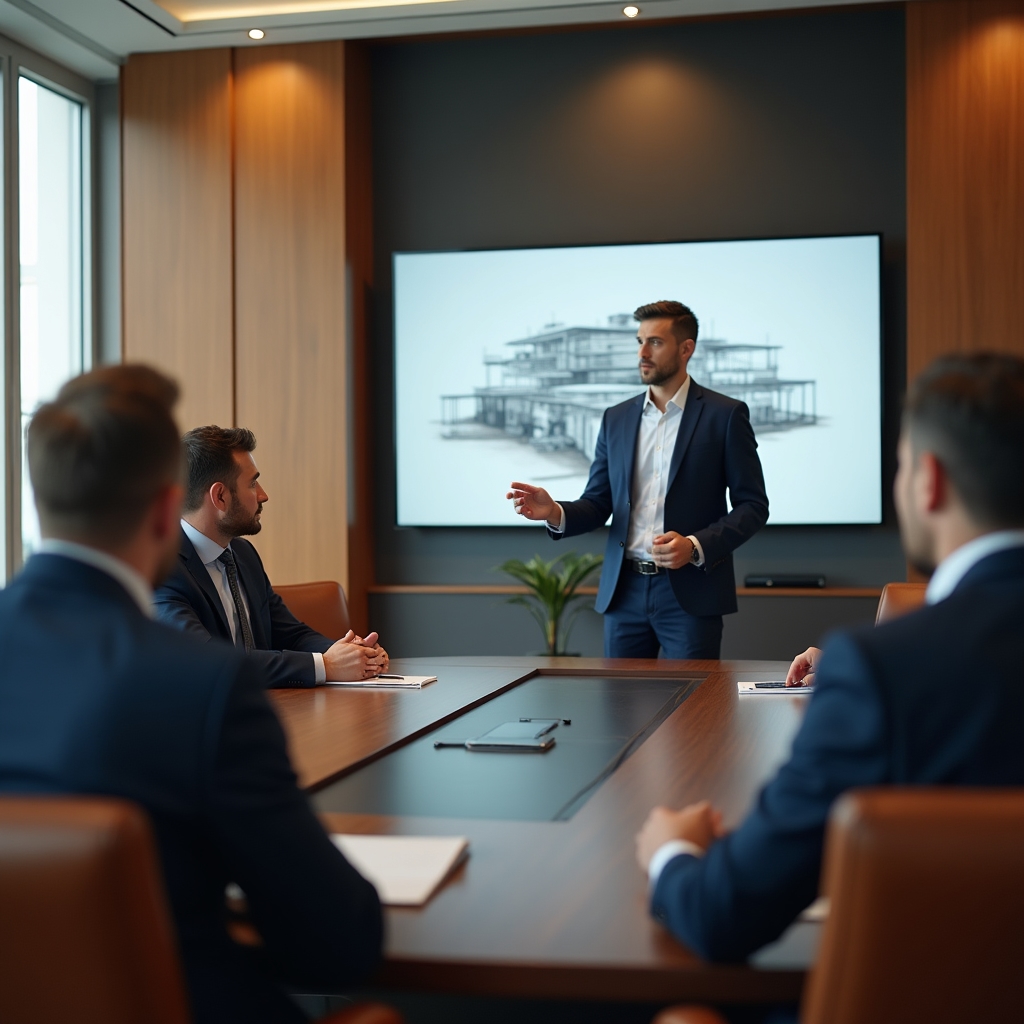 Inginer prezentând o soluție tehnică în fața unui board de conducere